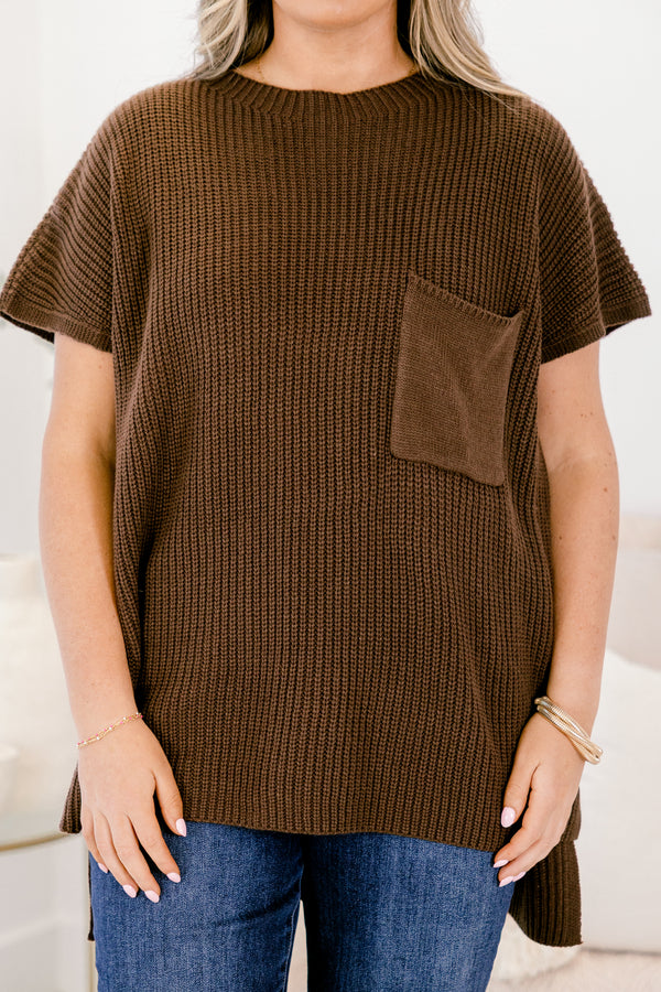 Chic Soul plus size clothing, brown short sleeve sweater with a front pocket of the left side of the chest 