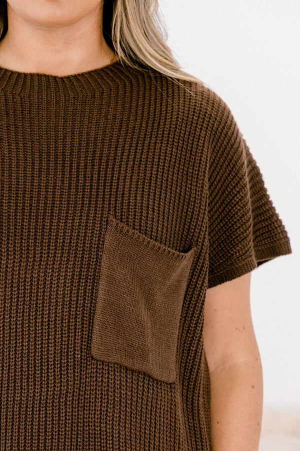 Chic Soul plus size clothing, brown short sleeve sweater with a front pocket of the left side of the chest 