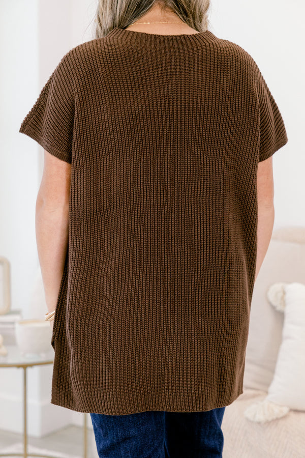 Chic Soul plus size clothing, brown short sleeve sweater with a front pocket of the left side of the chest 