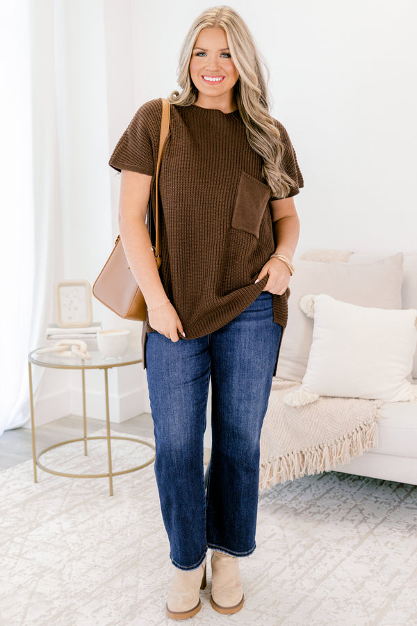 Chic Soul plus size clothing, brown short sleeve sweater with a front pocket of the left side of the chest 