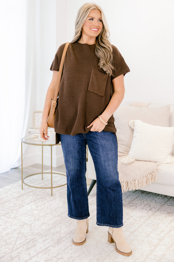 Chic Soul plus size clothing, brown short sleeve sweater with a front pocket of the left side of the chest 