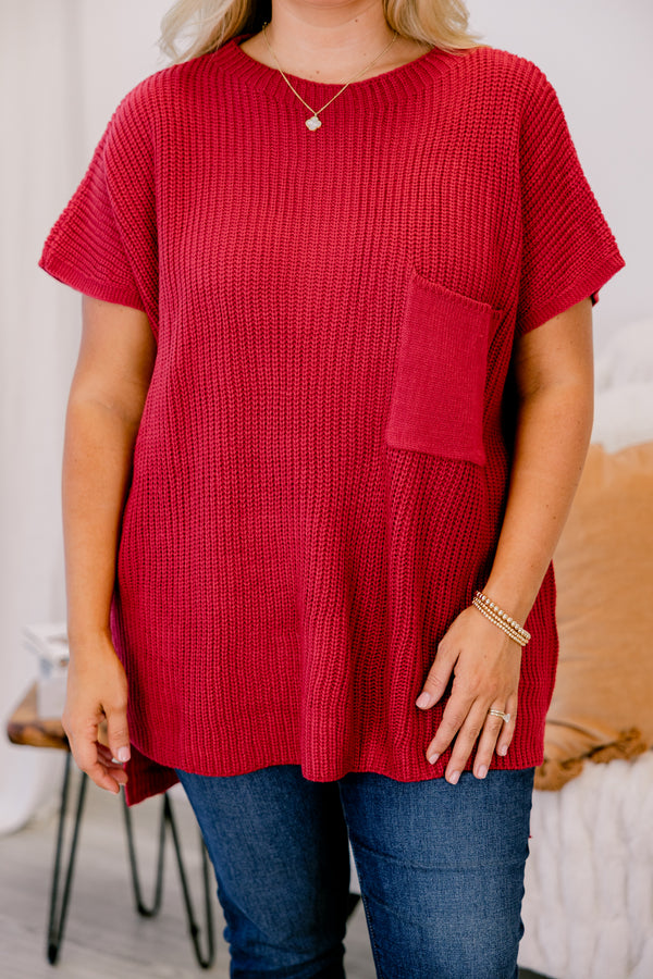 Chic Soul plus size clothing, red short sleeve sweater with a front pocket of the left side of the chest 