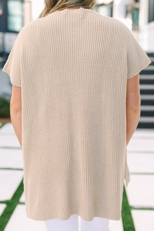 Chic Soul plus size clothing, light tan short sleeve knit sweater with front chest pocket 