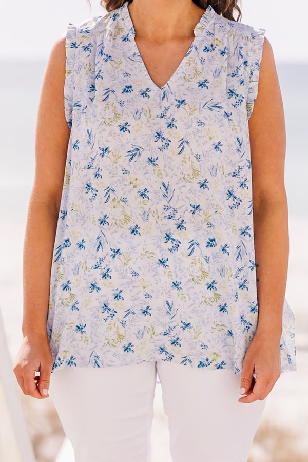 Chic Soul plus size clothing, sleeveless tank top with blue floral design with v neckline