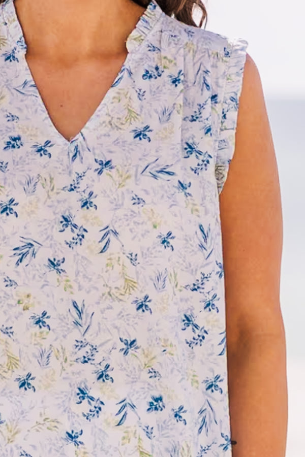 Chic Soul plus size clothing, sleeveless tank top with blue floral design with v neckline