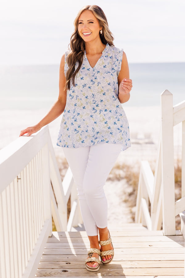 Chic Soul plus size clothing, sleeveless tank top with blue floral design with v neckline