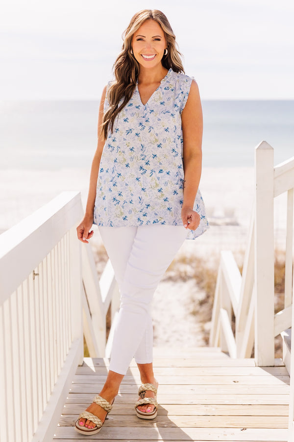 Chic Soul plus size clothing, sleeveless tank top with blue floral design with v neckline