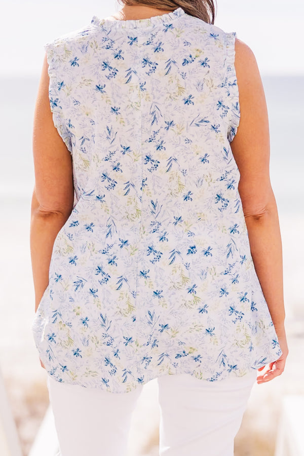 Chic Soul plus size clothing, sleeveless tank top with blue floral design with v neckline