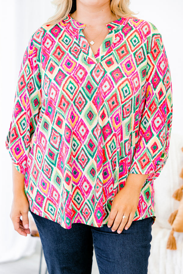 Chic Soul plus size clothing, pink multicolor top with half sleeves and a geometric pattern
