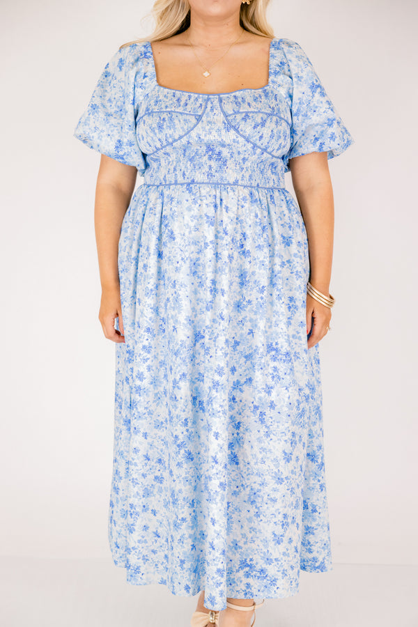 Chic Soul plus size clothing, light blue short puff sleeve midi dress with darker blue small floral pattern