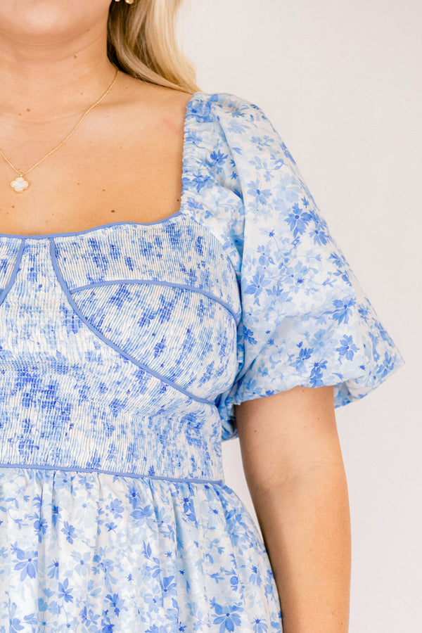 Chic Soul plus size clothing, light blue short puff sleeve midi dress with darker blue small floral pattern