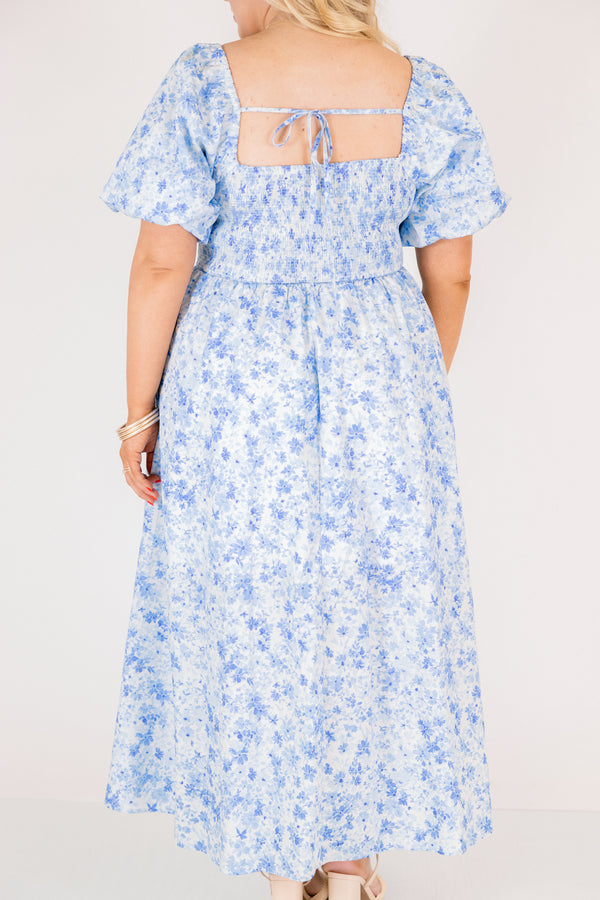 Chic Soul plus size clothing, light blue short puff sleeve midi dress with darker blue small floral pattern