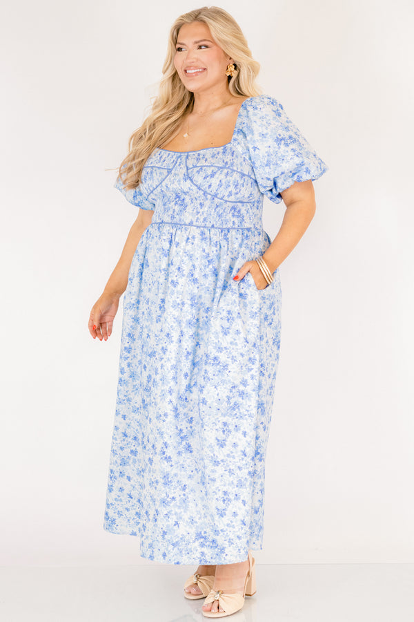 Chic Soul plus size clothing, light blue short puff sleeve midi dress with darker blue small floral pattern