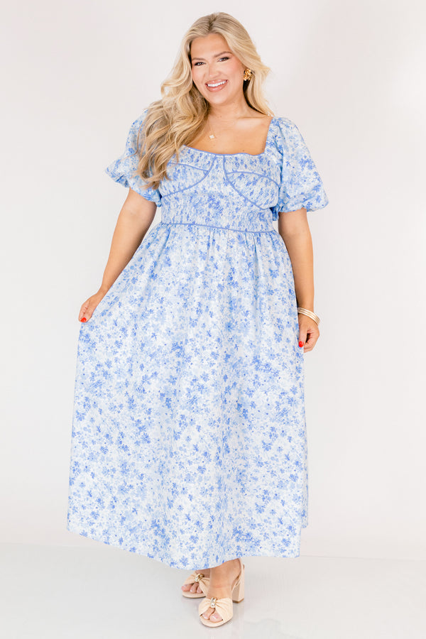 Chic Soul plus size clothing, light blue short puff sleeve midi dress with darker blue small floral pattern