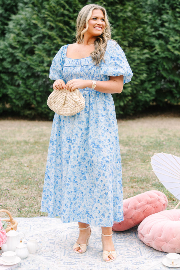 Chic Soul plus size clothing, light blue short puff sleeve midi dress with darker blue small floral pattern