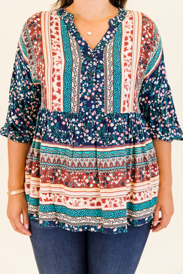 
Chic Soul plus size clothing, navy three quarter length sleeves with floral aztec design with v neckline 
