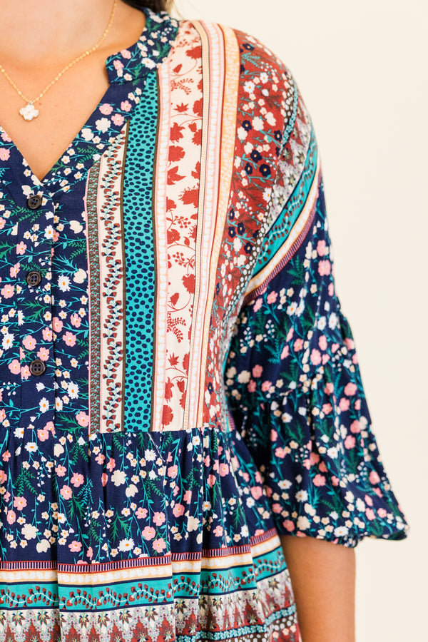 
Chic Soul plus size clothing, navy three quarter length sleeves with floral aztec design with v neckline 
