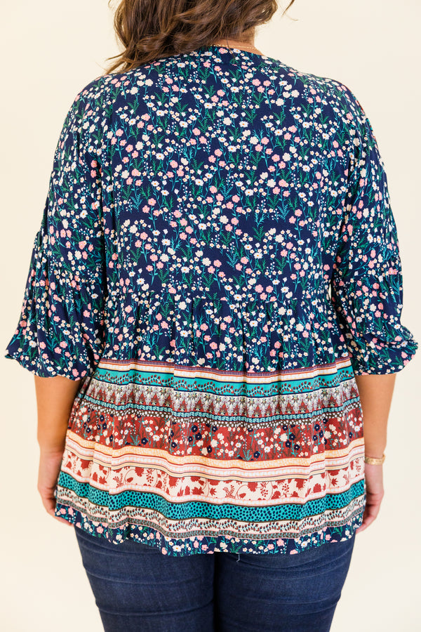 
Chic Soul plus size clothing, navy three quarter length sleeves with floral aztec design with v neckline 
