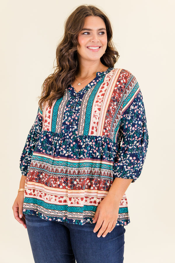 
Chic Soul plus size clothing, navy three quarter length sleeves with floral aztec design with v neckline 
