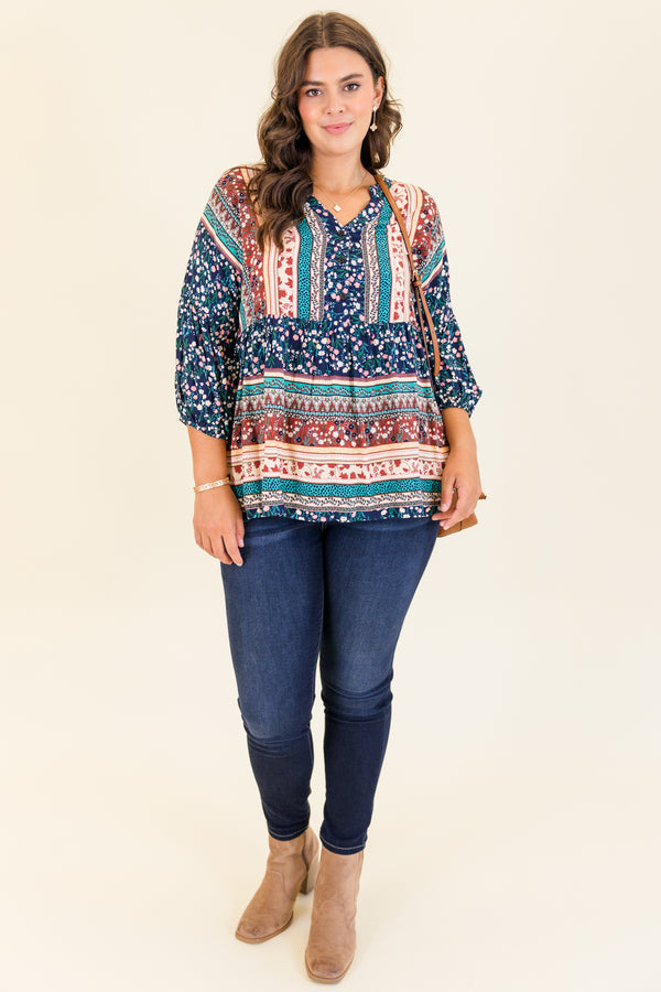 
Chic Soul plus size clothing, navy three quarter length sleeves with floral aztec design with v neckline 
