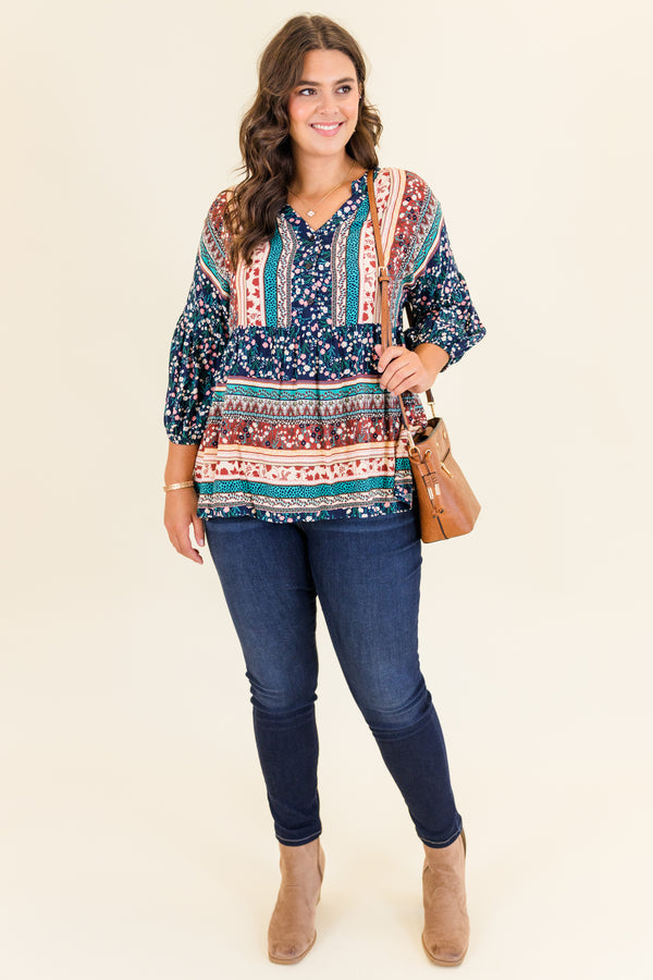 
Chic Soul plus size clothing, navy three quarter length sleeves with floral aztec design with v neckline 
