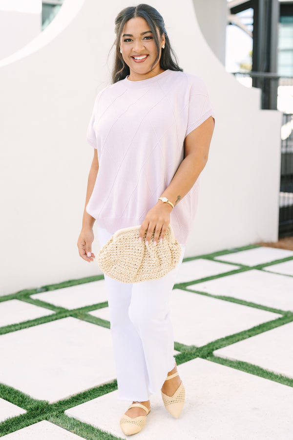 Chic Soul plus size clothing, light purple short sleeve sweater with a windowpane texture throughout 