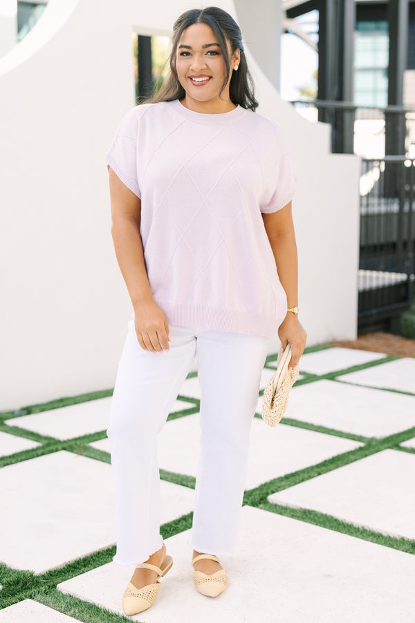 Chic Soul plus size clothing, light purple short sleeve sweater with a windowpane texture throughout 