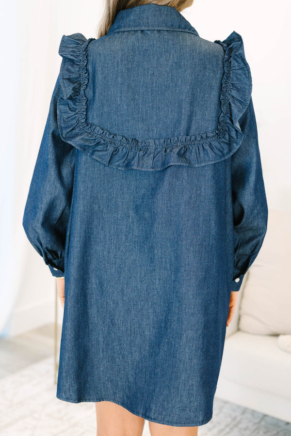 Plus size clothing, dark denim short dress with long sleeves and button down front