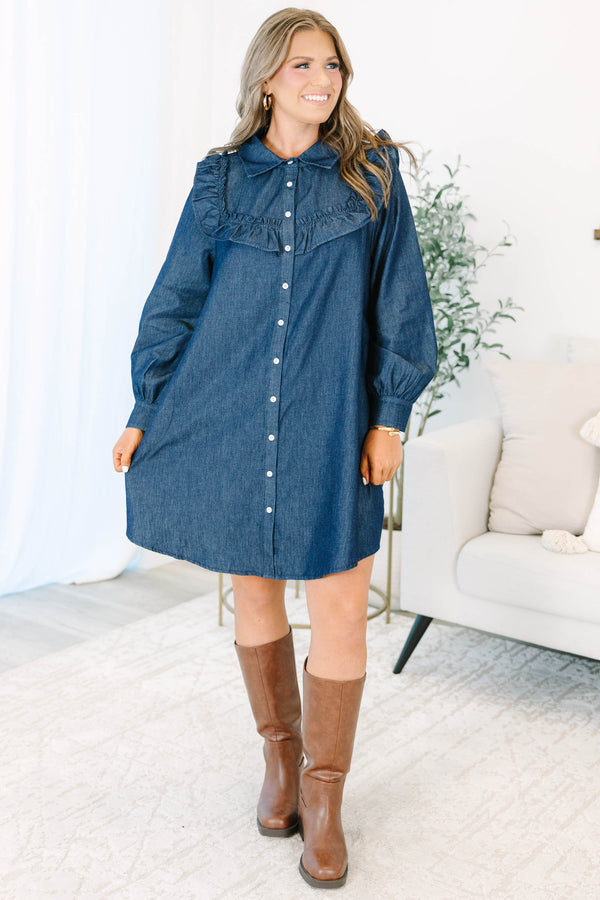 Plus size clothing, dark denim short dress with long sleeves and button down front