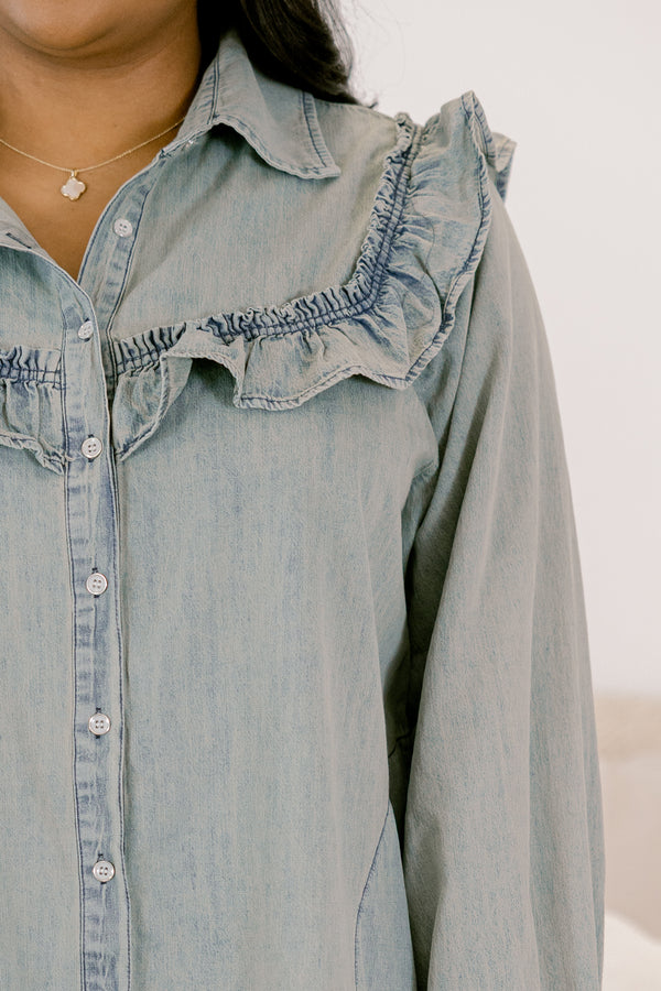 Chic Soul plus size clothing, denim dress with long sleeves and white button details down the front with a peter pan collar