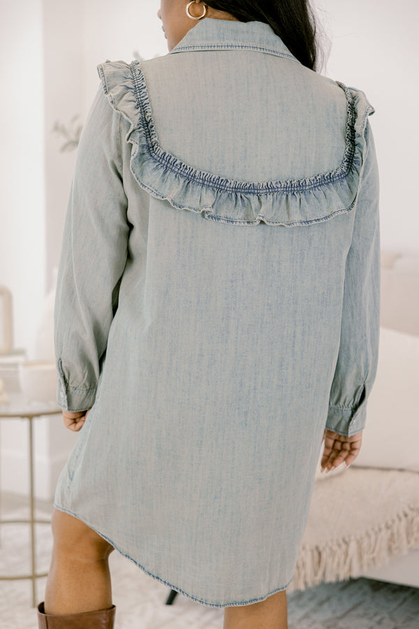 Chic Soul plus size clothing, denim dress with long sleeves and white button details down the front with a peter pan collar