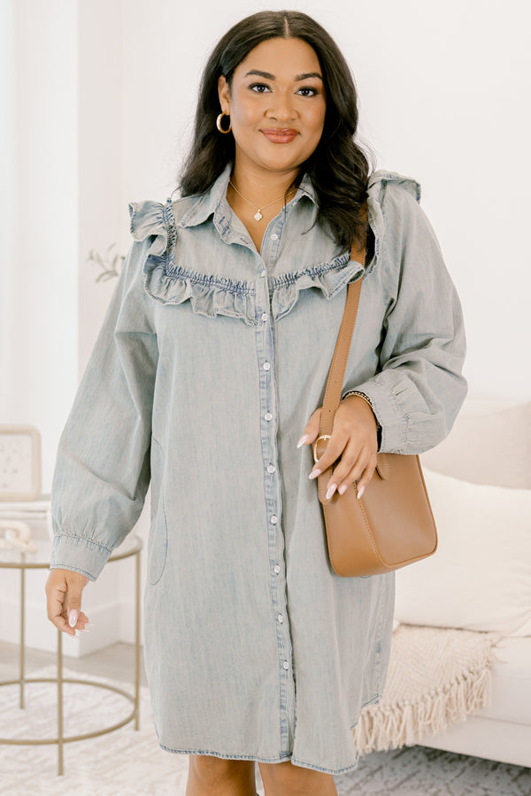 Chic Soul plus size clothing, denim dress with long sleeves and white button details down the front with a peter pan collar