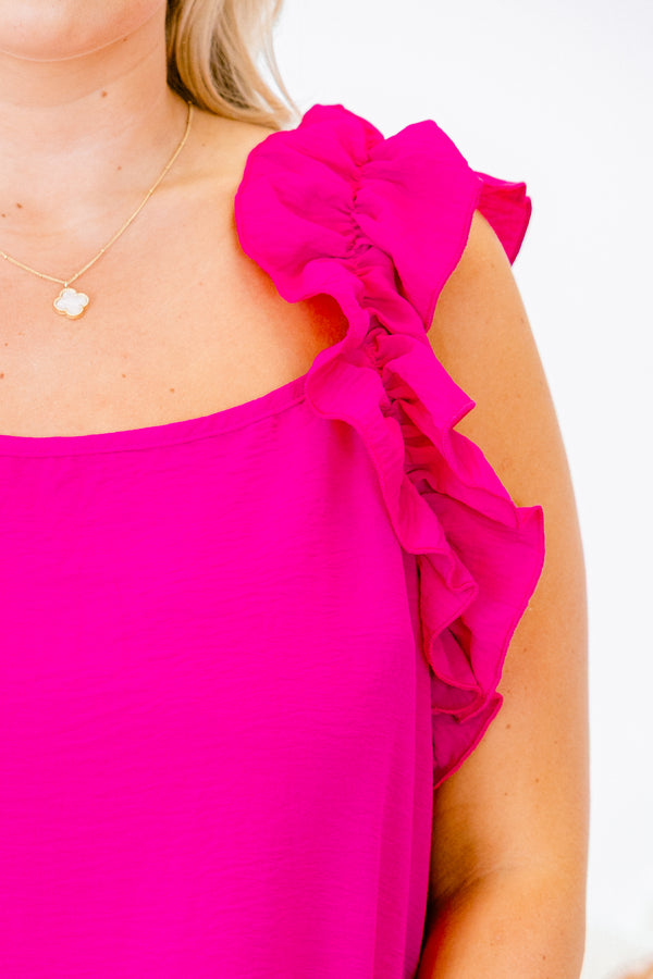 Chic Soul plus size clothing, bright pink sleeveless top with ruffles on the straps