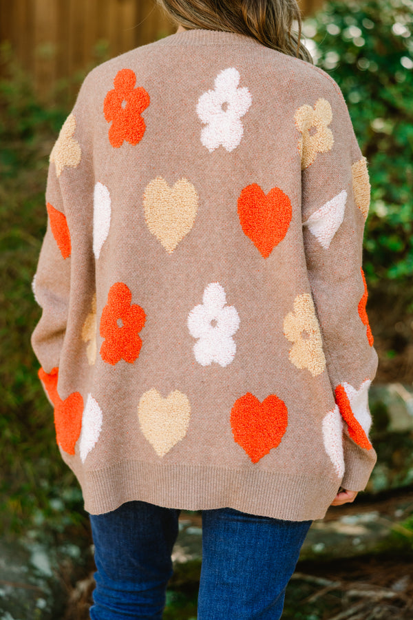 Chic Soul plus size clothing, light brown long sleeve button down cardigan with orange, white, and tan flowers and hearts
