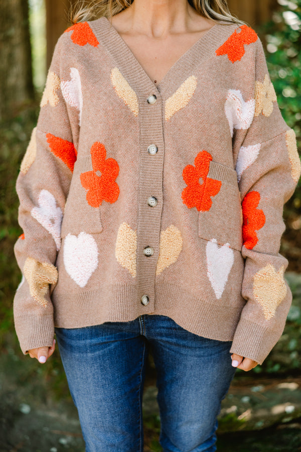 Chic Soul plus size clothing, light brown long sleeve button down cardigan with orange, white, and tan flowers and hearts