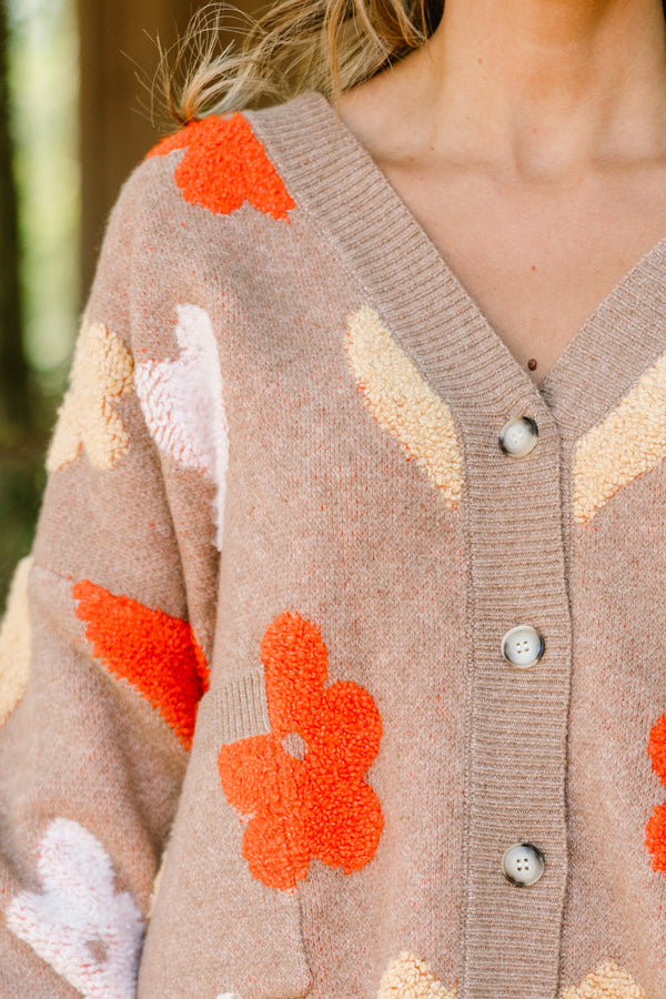 Chic Soul plus size clothing, light brown long sleeve button down cardigan with orange, white, and tan flowers and hearts