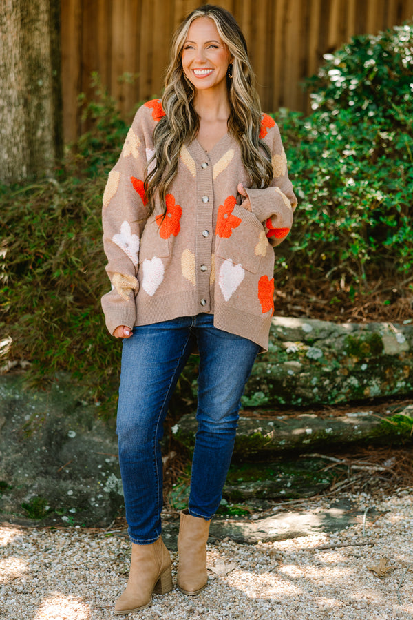 Chic Soul plus size clothing, light brown long sleeve button down cardigan with orange, white, and tan flowers and hearts