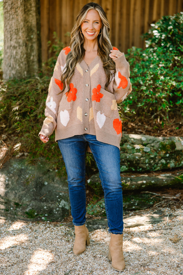 Chic Soul plus size clothing, light brown long sleeve button down cardigan with orange, white, and tan flowers and hearts