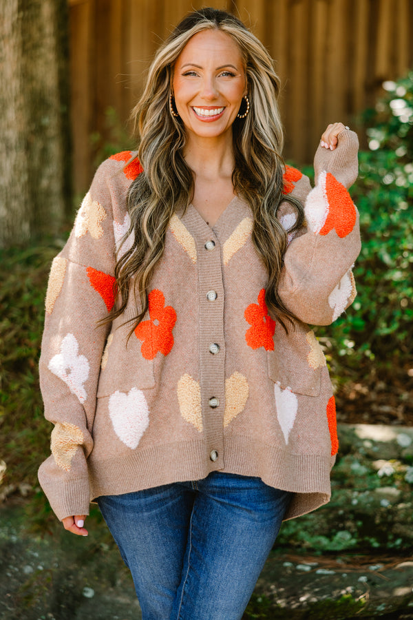 Chic Soul plus size clothing, light brown long sleeve button down cardigan with orange, white, and tan flowers and hearts