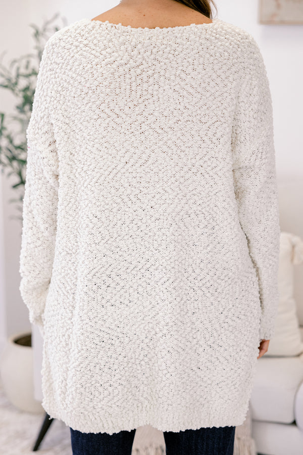 Chic Soul plus size clothing, cream white long sleeve fuzzy sweater with v-neckline