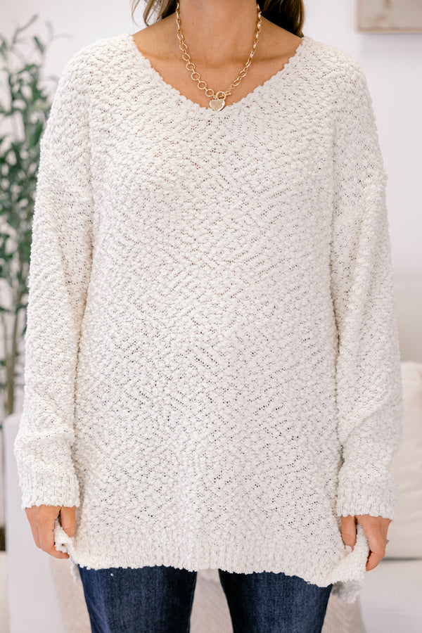 Chic Soul plus size clothing, cream white long sleeve fuzzy sweater with v-neckline