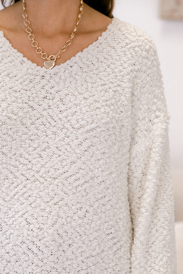 Chic Soul plus size clothing, cream white long sleeve fuzzy sweater with v-neckline