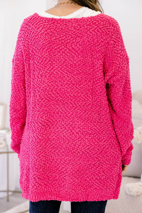 Chic Soul plus size clothing, hot pink long sleeve fuzzy sweater with v-neckline and side slits