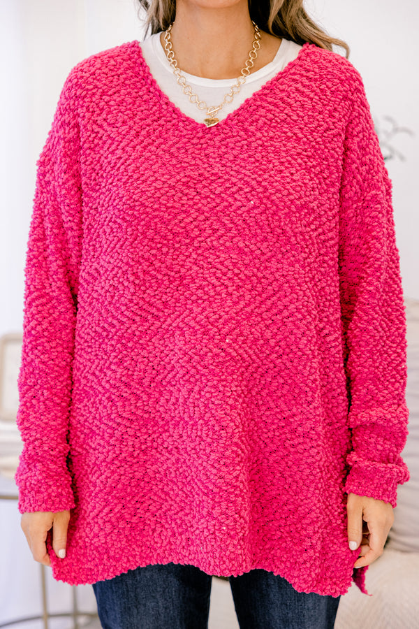 Chic Soul plus size clothing, hot pink long sleeve fuzzy sweater with v-neckline and side slits