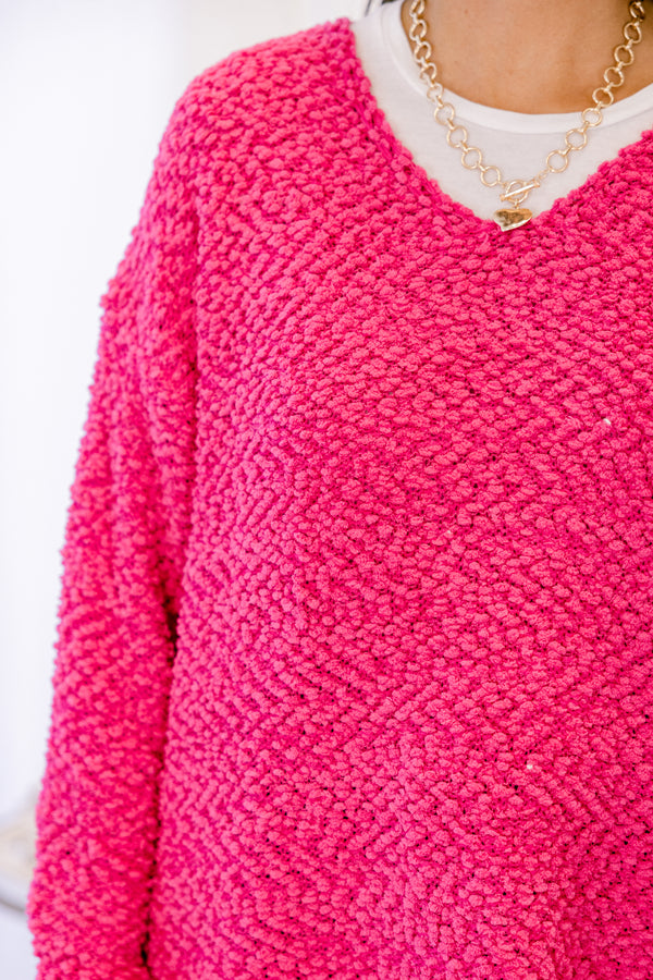 Chic Soul plus size clothing, hot pink long sleeve fuzzy sweater with v-neckline and side slits