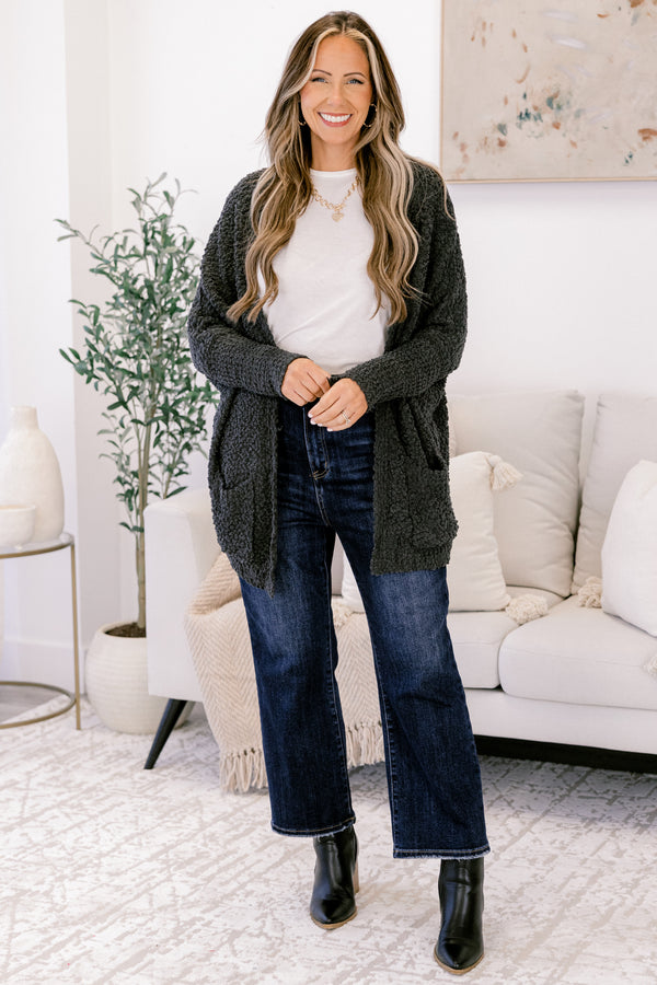 Chic Soul plus size clothing, charcoal grey long sleeve cardigan