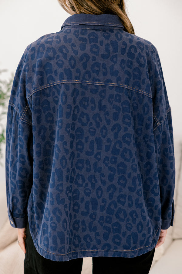 Chic Soul plus size clothing, navy leopard print denim shacket with wooden button enclosure down the front and two breast pockets and collar