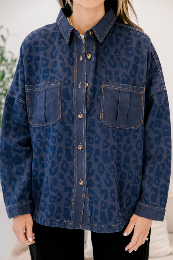 Chic Soul plus size clothing, navy leopard print denim shacket with wooden button enclosure down the front and two breast pockets and collar