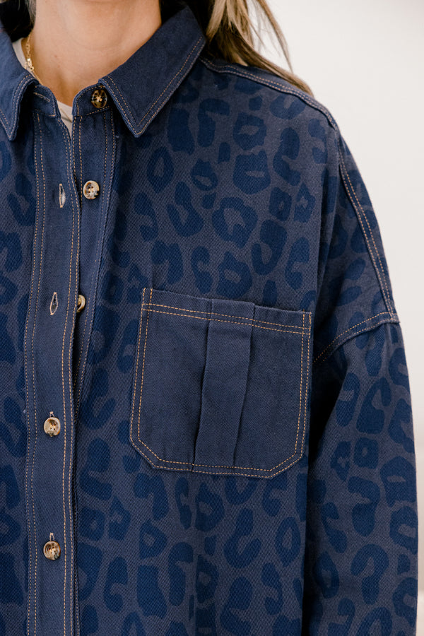 Chic Soul plus size clothing, navy leopard print denim shacket with wooden button enclosure down the front and two breast pockets and collar
