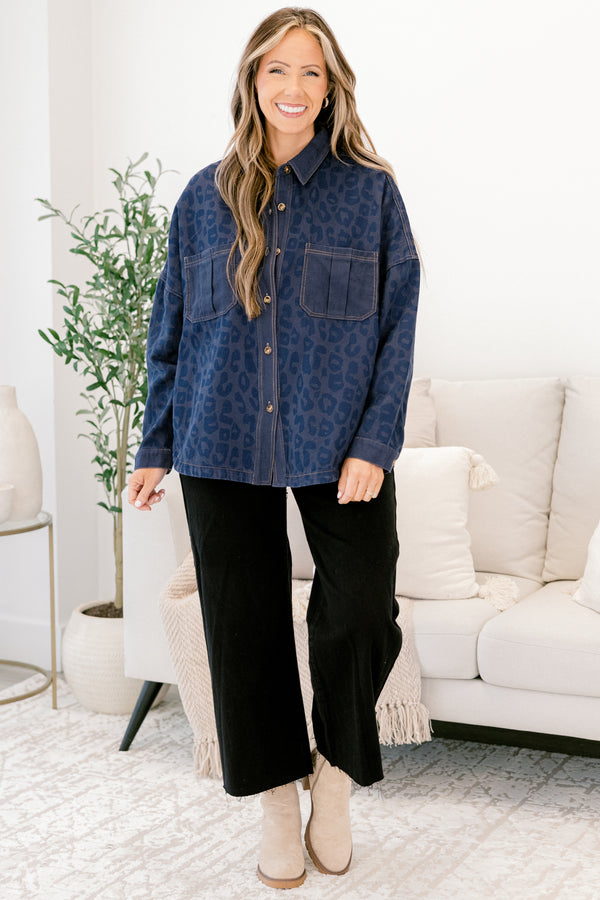 Chic Soul plus size clothing, navy leopard print denim shacket with wooden button enclosure down the front and two breast pockets and collar